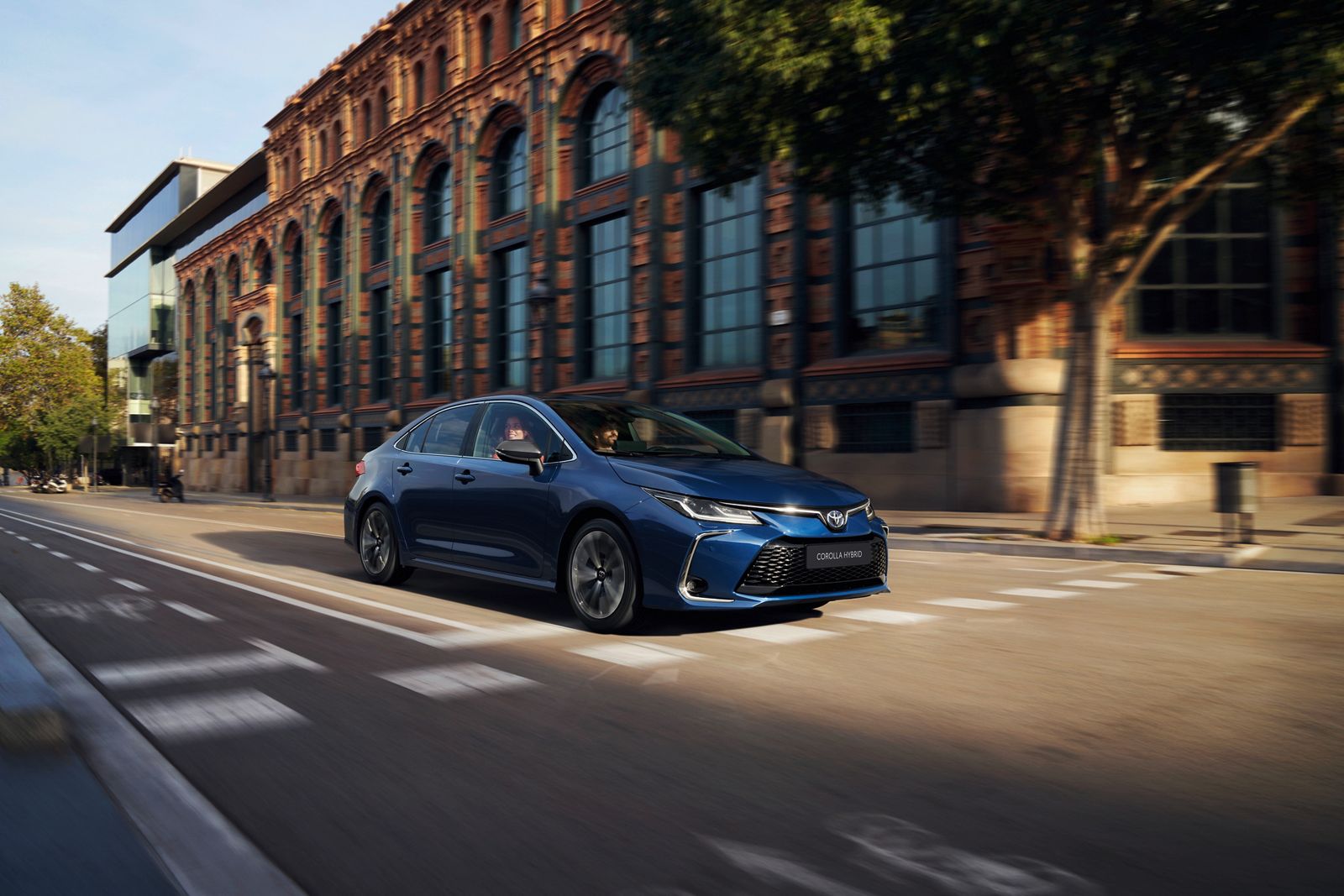 A Toyota Corolla Sedan drives in the city on a bright day